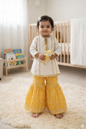 White Kurti with Yellow Gharara for Baby Girls