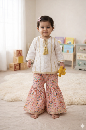 White Kurti with Pink Floral Gharara for Baby Girls